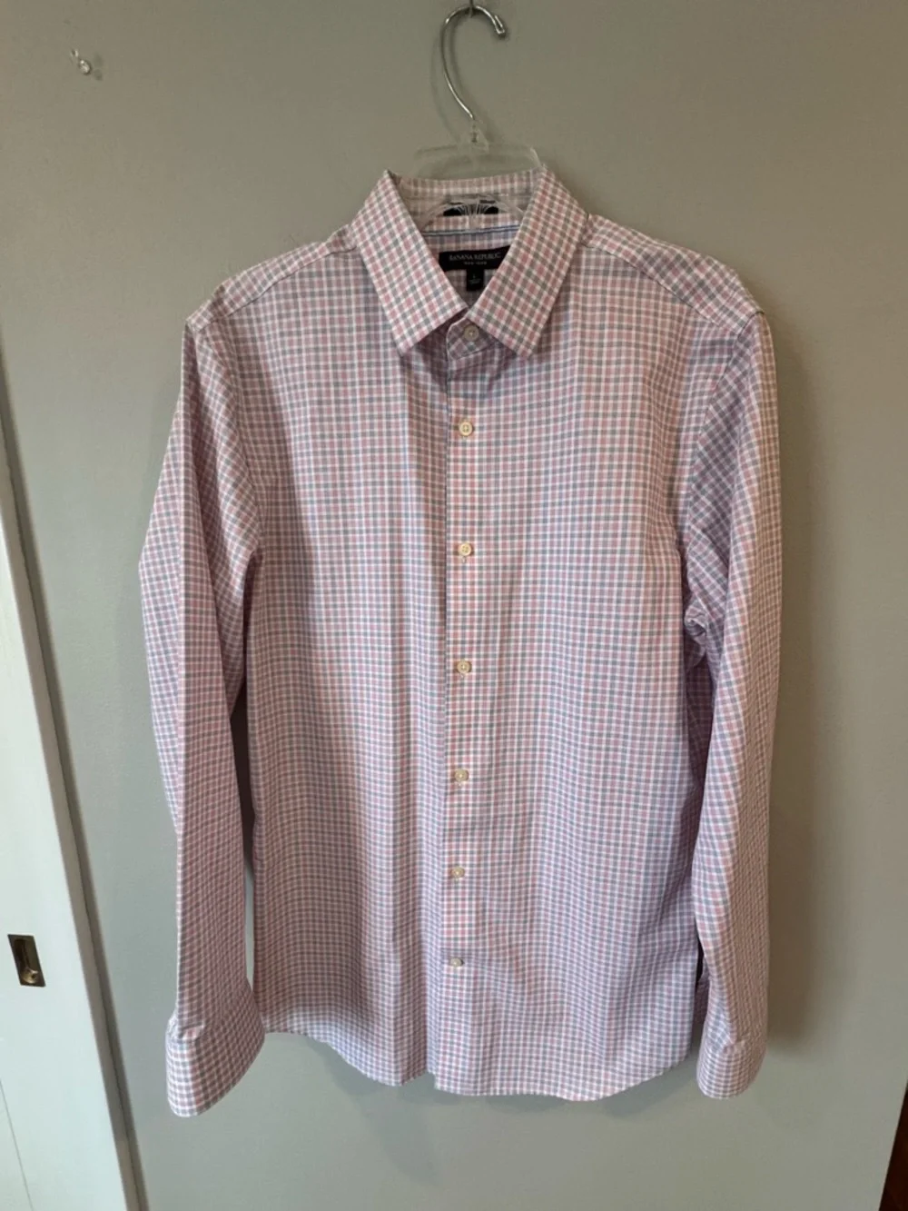 Banana Republic Dress Shirt Grant Fit Non Iron Mens Large Pink Blue Check